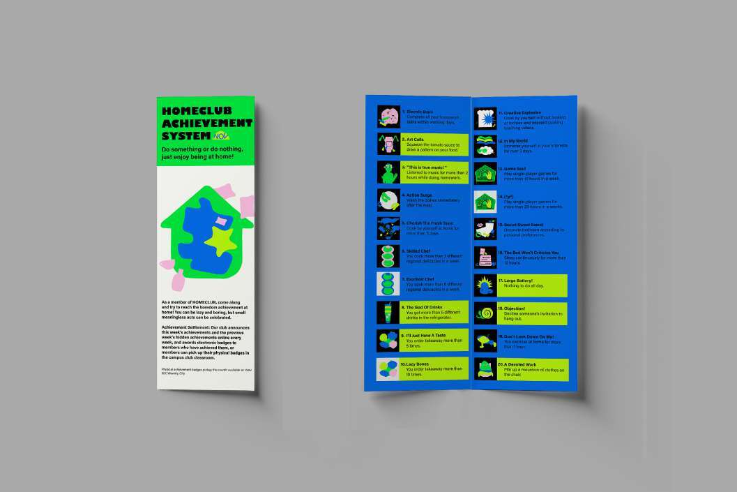 Homeclub achievement catalogue mockup, showing its colourful printed booklet and badge system